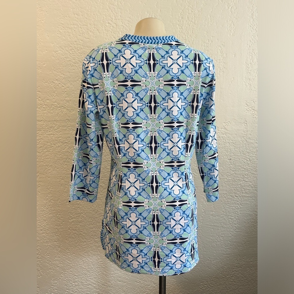 J. Mclaughlin LARGE Catalina Cloth Blue Green Geometric Print 3/4 Sleeve Dress - Picture 6 of 12
